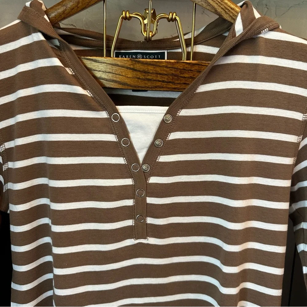 Karen Scott Sport Woman's Cotton White & Tan Striped With Hood Size M - Picture 3 of 11